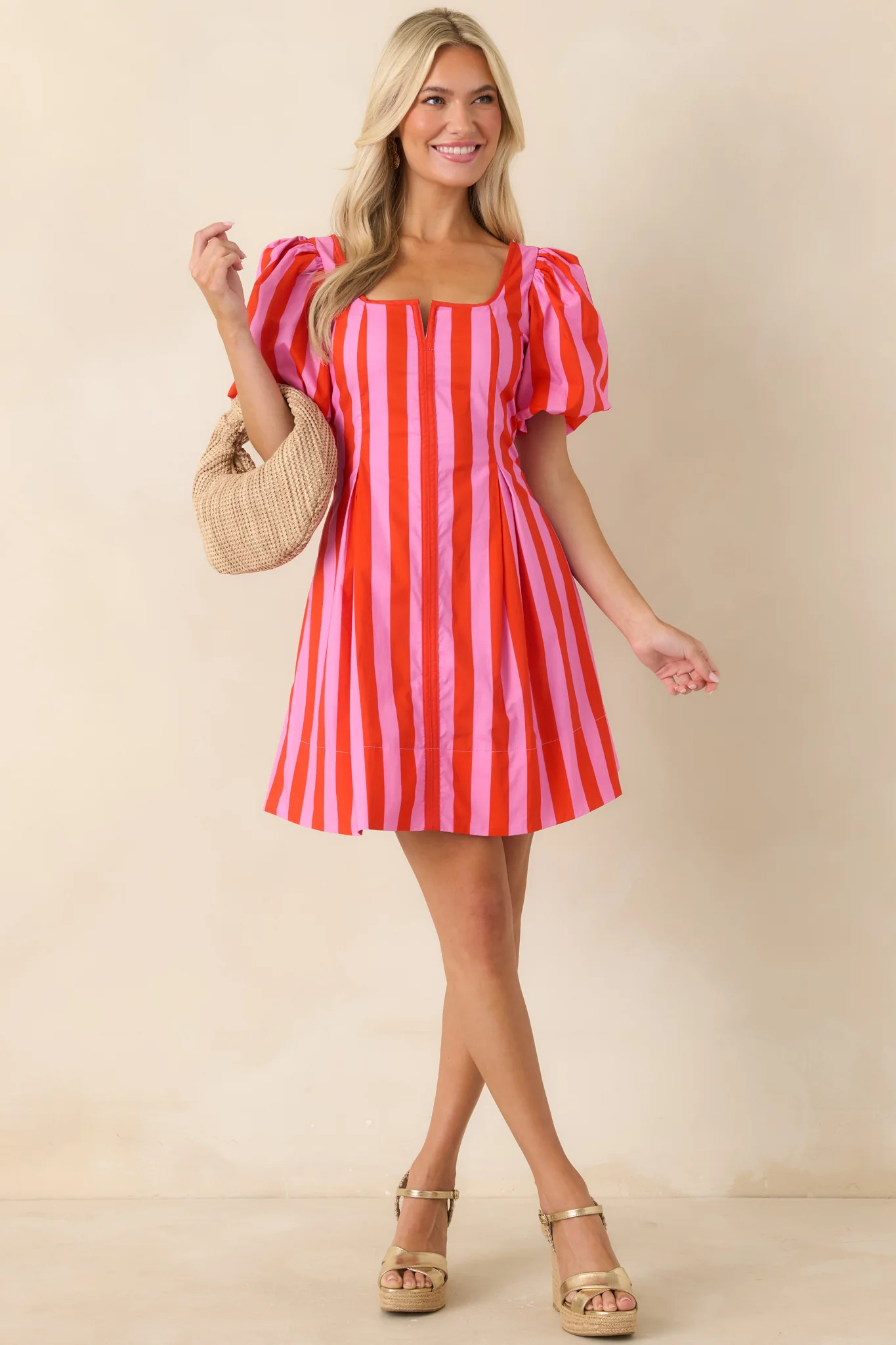 Stripe It Lucky Red & Pink Cotton Puff Sleeve Mini Dress | Red Dress
