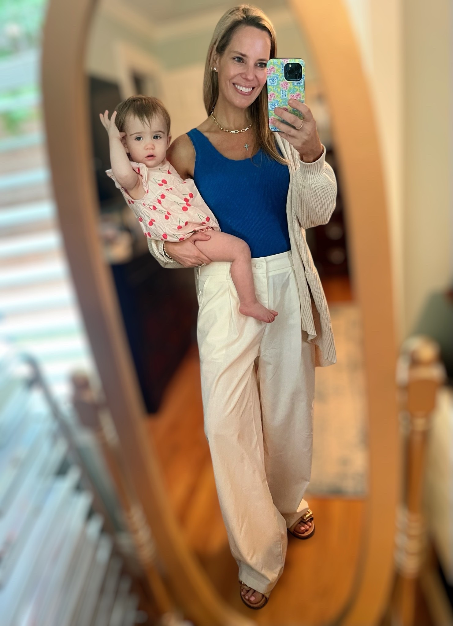 PREPPYREBEL for 10% off Melinda Maria Jewelry!
Comfy, classic, and mom-life ready! This neutral and navy look is a warm-weather win — easy to throw on and still feel polished. My ribbed blue tank adds a fun pop of color while these wide-leg cream trousers are a flattering, lightweight staple. I layered on a soft open-knit cardigan for breezy mornings and added gold jewelry from Melinda Maria for a little sparkle!

Outfit details:
• Tank: Ribbed blue scallop-edge tank (wearing S) – love this pop of color!
• Pants: Wide-leg cream trousers – flowy & flattering for spring and summer
• Cardigan: Lightweight open-knit cardigan – a cozy layering must-have
• Shoes: Neutral sandals – elevate the look without sacrificing comfort
• Jewelry: All Melinda Maria – link chain necklace, layered bracelets, statement earrings & cross pendant (code PREPPYREBEL for 10% off!)

Baby girl’s outfit:
• Cherry print bubble romper – sweet, playful & perfect for warmer days

Style tip: Cream pants are a neutral closet hero – pair with bold tops for contrast or keep it tonal for a chic monochrome moment!

#LTKspringstyle #MelindaMaria #mymmloveletter #momstyle #everydayoutfit #capsulewardrobe #neutraloutfit #classicstyle #easyoutfit #ootd #momootd

#LTKOver40 #LTKFindsUnder100 #LTKFindsUnder50