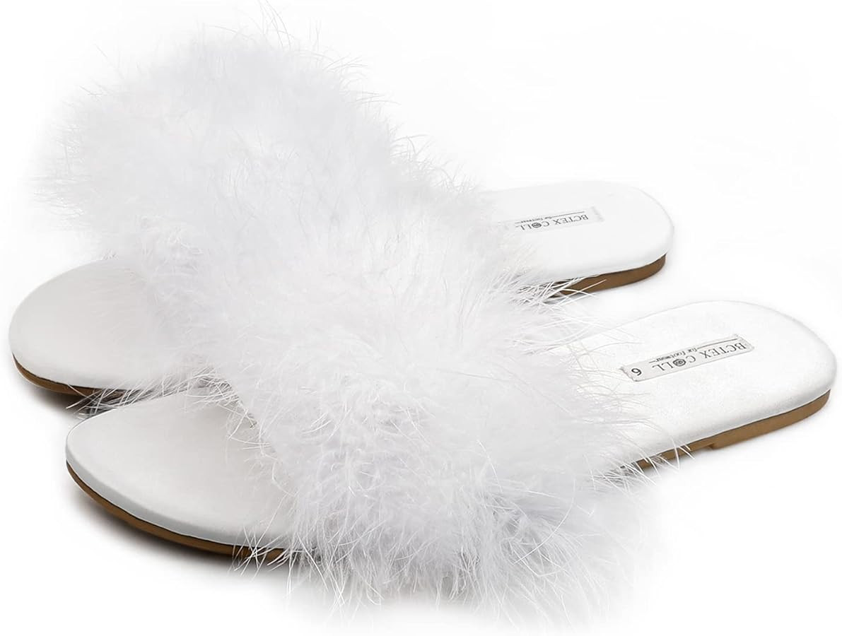 BCTEX COLL Women's Fuzzy Open Toe Slippers Memory Foam Feather Slides Fluffy Furry Indoor House S... | Amazon (US)