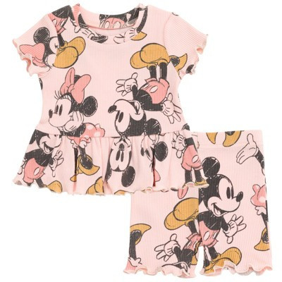 Disney Mickey Mouse Minnie Mouse Infant Baby Girls Peplum T-Shirt and Bike Shorts Outfit Set Pink 18 Months | Target