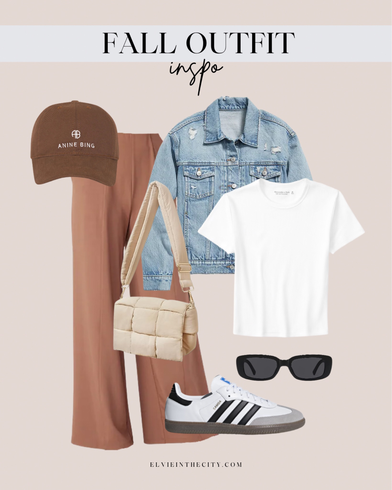 This Fall outfit inspo includes brown wide leg pants, a white crewneck tee shirt, denim jacket, crossbody puffer bag, Adidas sneakers, sunglasses, and an Anine Bing baseball cap. 

Fall outfit, fall fashion, casual outfit, fashion over 40

#LTKstyletip #LTKfindsunder50 #LTKshoecrush