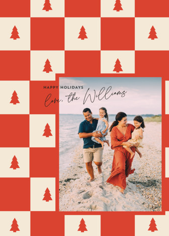 "Checkered Trees" - Customizable Grand Holiday Cards in Red by Anna Elder. | Minted