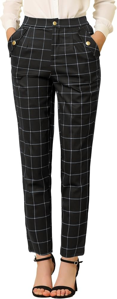 Allegra K Women's Vintage Tartan Plaid Pants Elastic Waist Straight Long Trousers | Amazon (US)