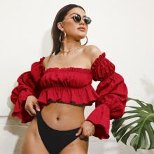 Off Shoulder Gathered Sleeve Peplum Top | SHEIN