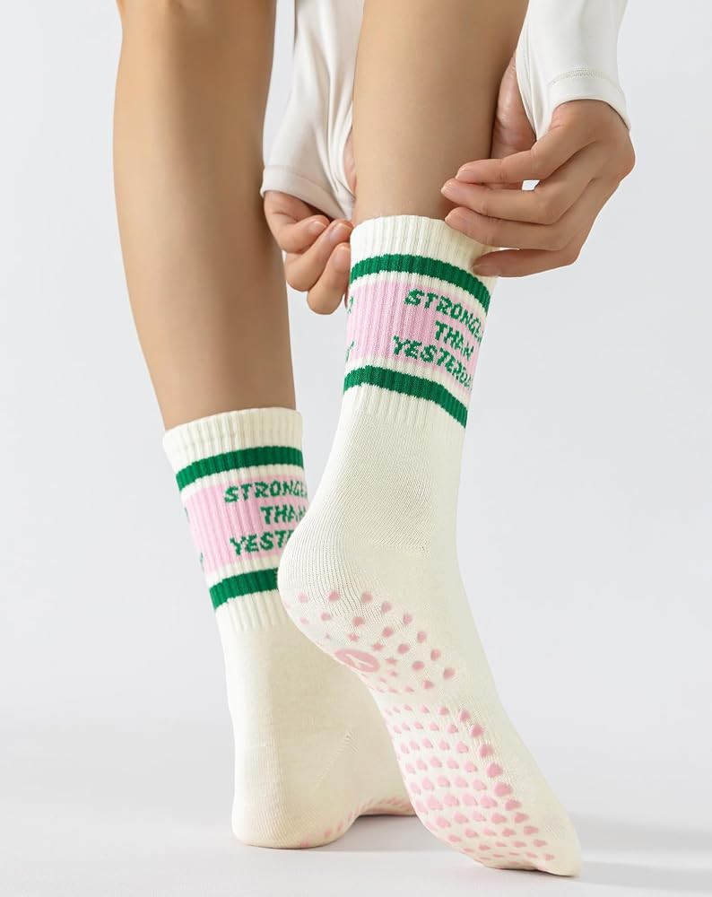 Yawlsow Pilates Grip Socks for Women Yoga Grippy Socks Cute Barre Non Skid Athletic Crew Sticky S... | Amazon (US)