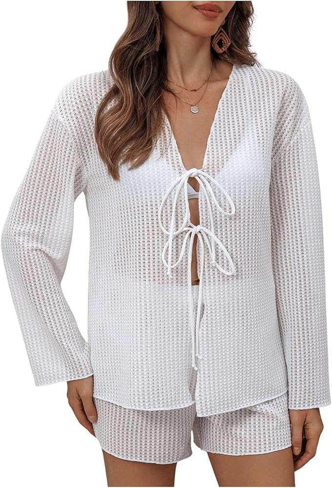 Verdusa Women's 2 Piece Hollow Out Bikini Cover Up Set Bow Tie Long Sleeve Top and Shorts Set | Amazon (US)
