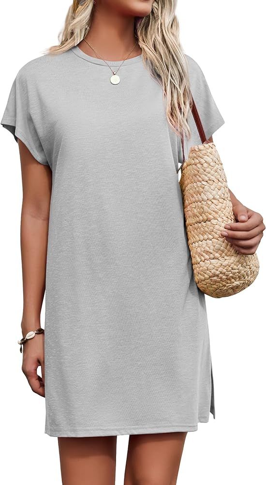 AI'MAGE Women's Coverup Short Sleeve T-Shirt Dress Casual Loose Slit Knee Length Beach Mini Dress... | Amazon (US)