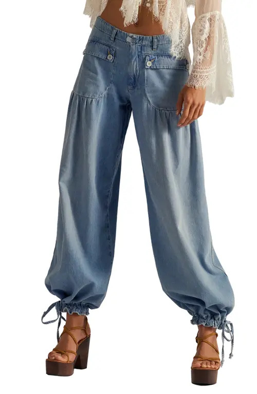 Free People We The Free Lotus High Waist Tie Hem Barrel Leg Jeans in Bijou Blue at Nordstrom, Size 27 | Nordstrom