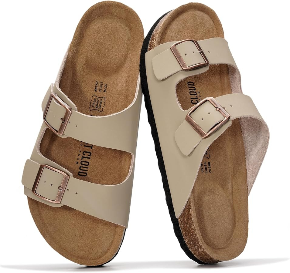 Project Cloud 100% Genuine Leather Flat Sandals For Women 2026 Cork Footbed Womens Sandals with M... | Amazon (US)