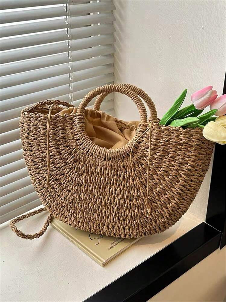 Baila Morena Bolsa Palha Grande Meia Lua Bolsa De Praia Feminina De Mão Argola Alça Retirável Forro De Tecido Fecho Com Cordão | SHEIN