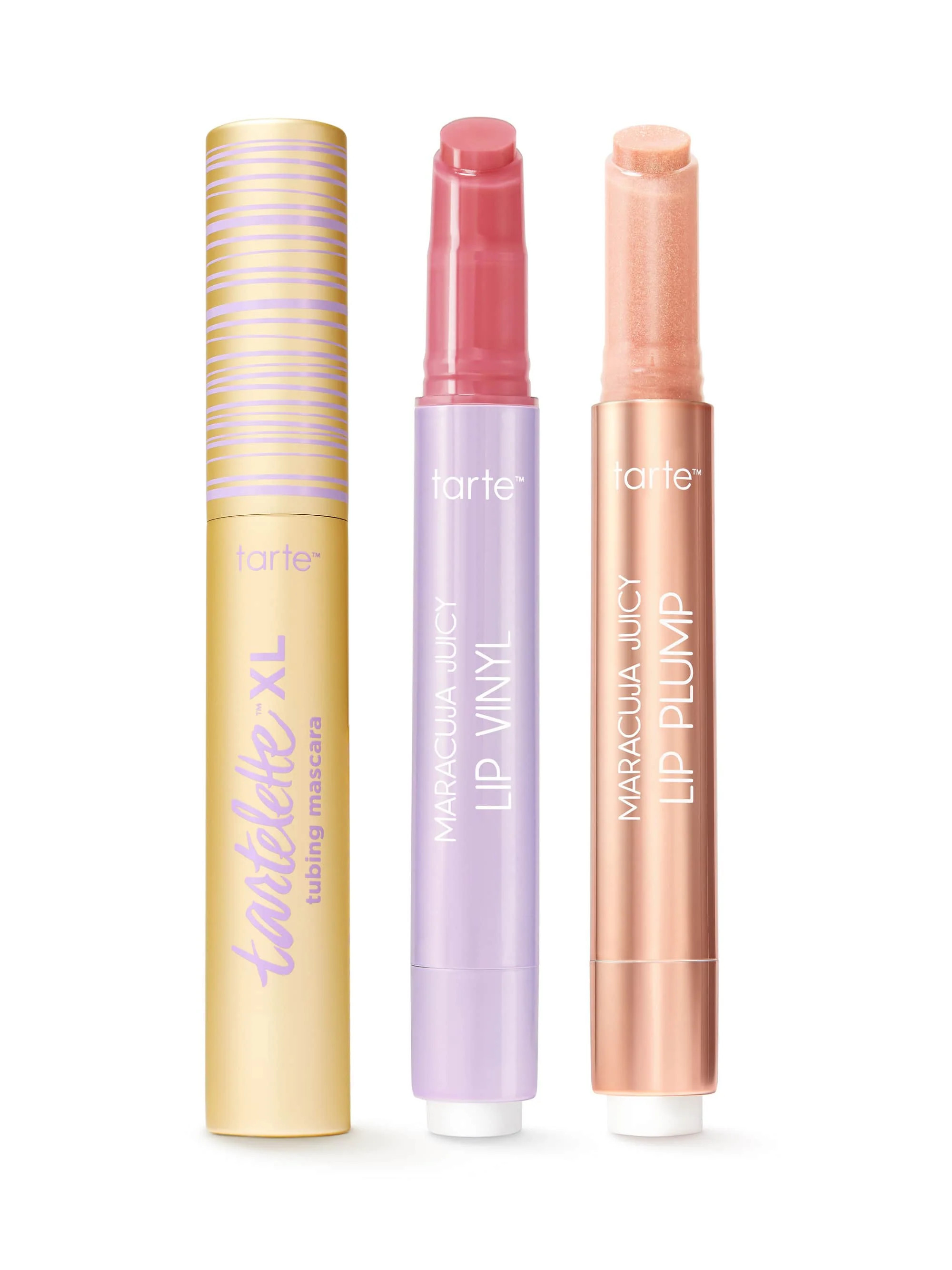 maracuja juicy lip vinyl, shimmer glass & XL tubing mascara set sheer iris & soft pink shimmer glass | Tarte Cosmetics