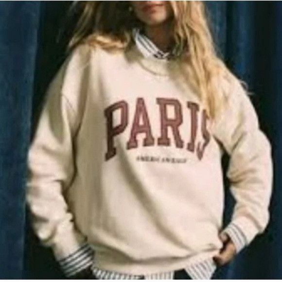 American Eagle Paris Crewneck Sweatshirt Cream Color with Burgundy Lettering New | Poshmark