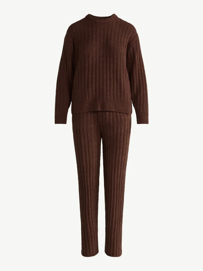 Joyspun Women's Cozy Ribbed Crewneck Top and Wide-Leg Pants Set, 2-Piece, Sizes XS-3X | Walmart (US)