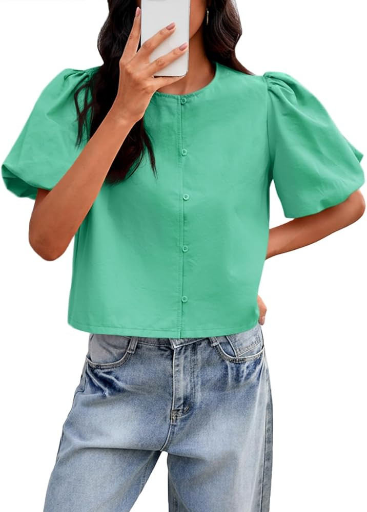 Tankaneo Womens Cropped Tops Puff Sleeve Button Down Shirts Trendy Casual Loose Fit Cute Blouse | Amazon (US)