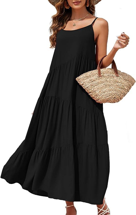 Women Summer Spaghetti Strap Asymmetric Tiered Beach Dress Loose Casual Sleeveless Maxi Long Dres... | Amazon (US)