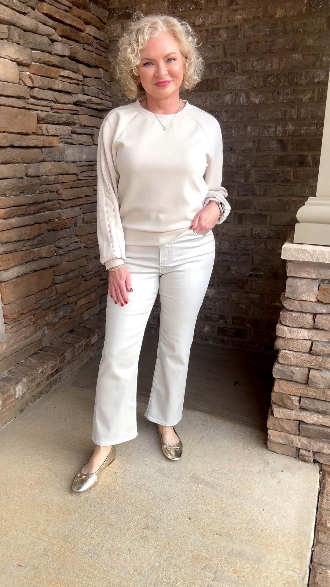 The Pantone Color of the Year:  Cloud Dancer! It’s fresh and so easy to wear! The jeans are the star, with their pearlescent finish.  I’m wearing small top and I sized up to 28 in the jeans. (Usually wear 27/4)

Cloud Dancer
Color of the year
2026 trends
Casual outfit
Petite fashion

#elevated
#petites
#2026trends
#clouddancer


#LTKOver40 #LTKootd #LTKPetite
