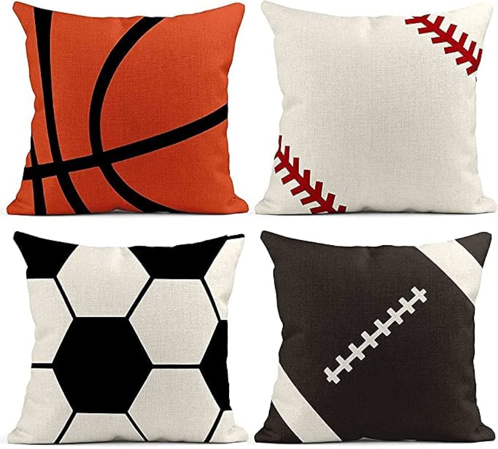 Sports Throw Pillows 18X18 Inch Set of 4 Square Linen Fun Sport Game Pillow Case，Soccer Basebal... | Amazon (US)