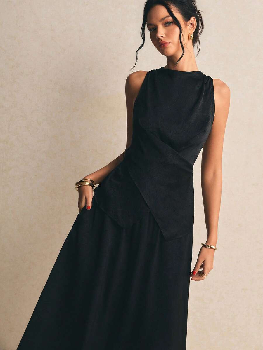 Poéselle Women's Black 2 Pieces Set Asymmetrical Hem Top And Mini Skirt,Elegant Autumn Dining Va... | SHEIN