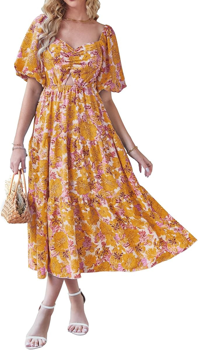 BTFBM Women Summer Dresses 2023 Casual Flowy Beach Square Neck Puff Short Sleeve Smocked Back Boh... | Amazon (US)