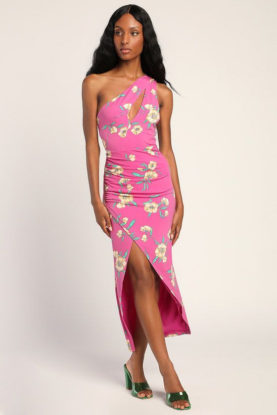 So Vibrant Magenta Floral Print One-Shoulder Cutout Midi Dress | Lulus (US)