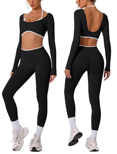 ABOCIW Workout Sets for Women Seamless Color Block Backless Long Sleeve Crop Top Scrunch Butt Lifting High Waist Leggings 2 Piece Gym Yoga Outfits Black Small | Amazon (US)