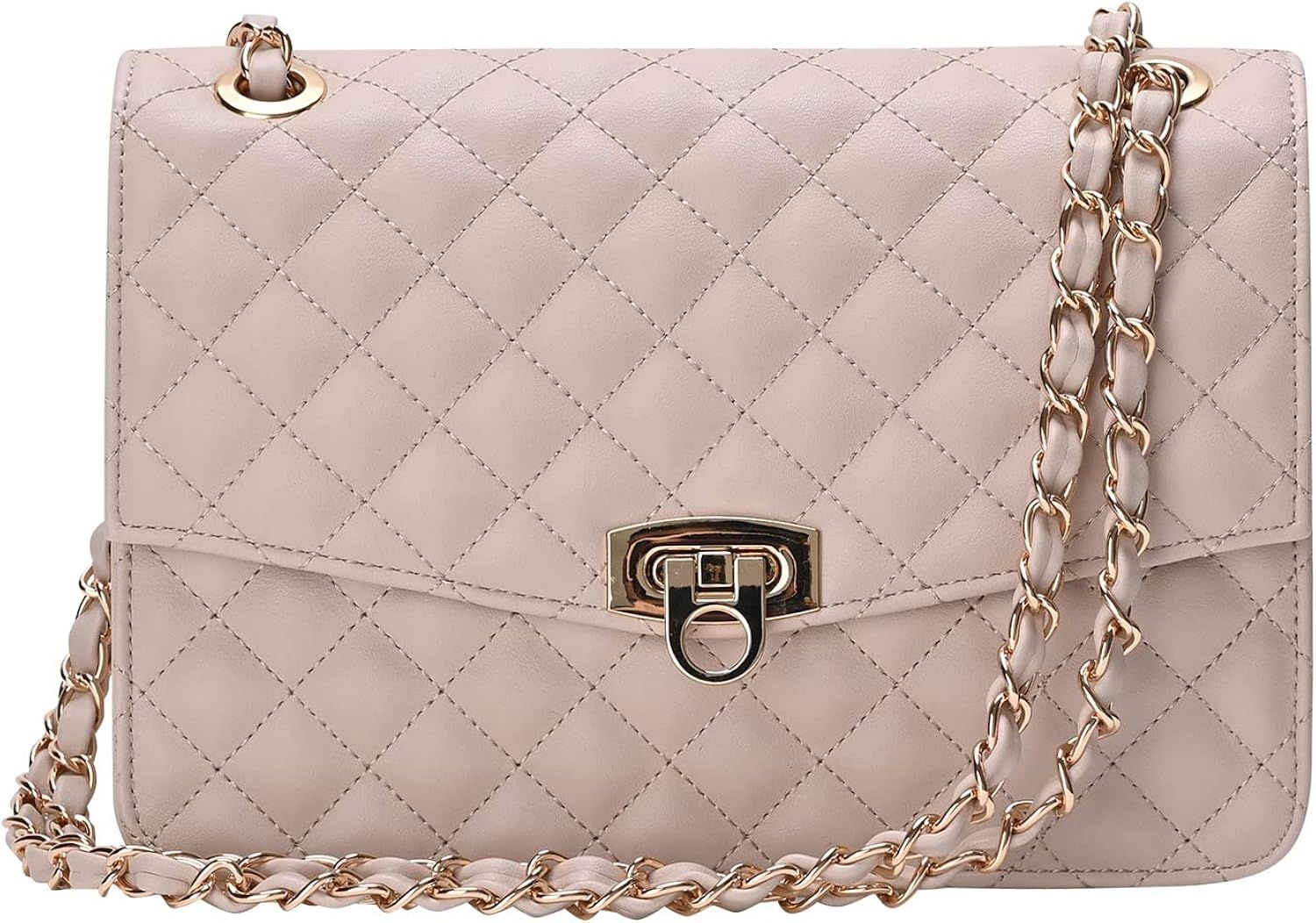 Quilted Shoulder Bag for Women, Medium Flap Crossbody Handbag with Chain Strap, Soft Vegan Leather C | Amazon (US)