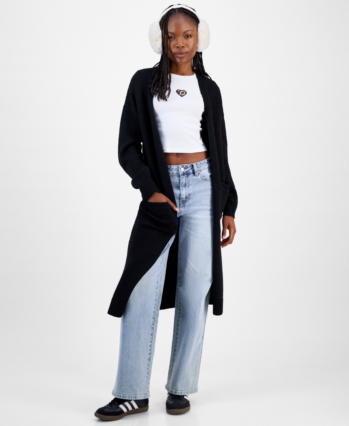 Madden Girl Juniors' Open-Front Patch-Pocket Duster Cardigan - Black | Macy's