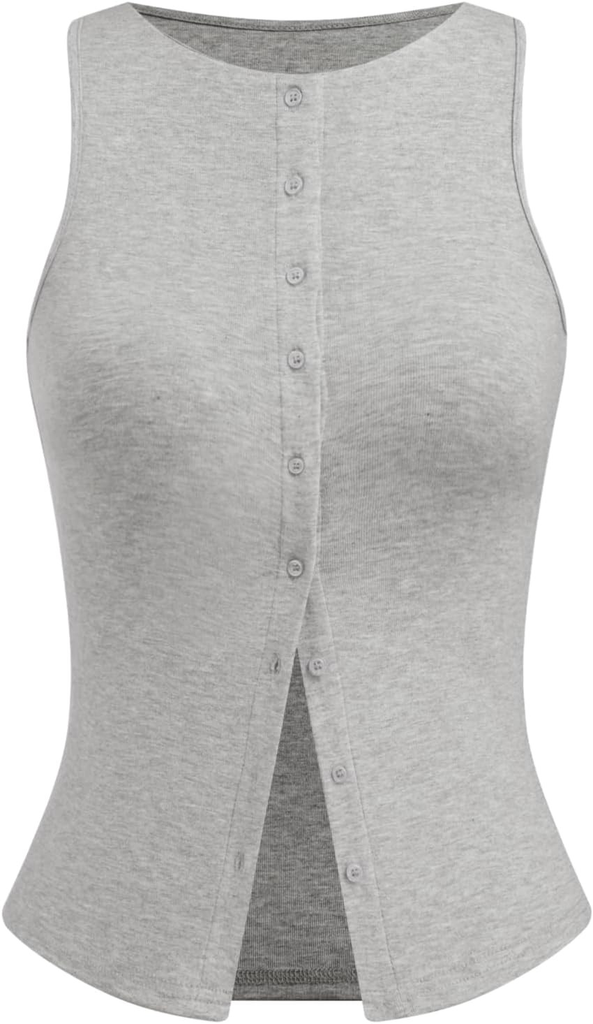 CIDER Women Button Down Tank Tops Sleeveless Ribbed Slim Fit Crop Vest Top Summer Going Out Tank Top | Amazon (US)