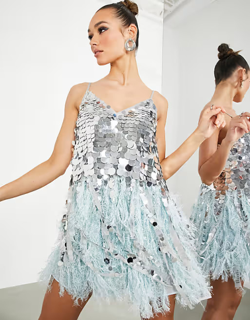 ASOS EDITION paillette sequin mini dress with feather hem in silver and blue | ASOS (Global)