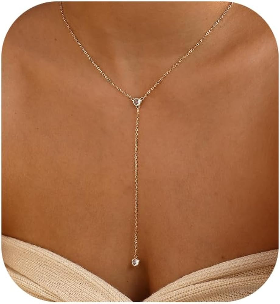 Gold Necklace for Women, Dainty Gold Long Necklaces 14k Gold Plated Prom Bar CZ Lariat Necklace S... | Amazon (US)