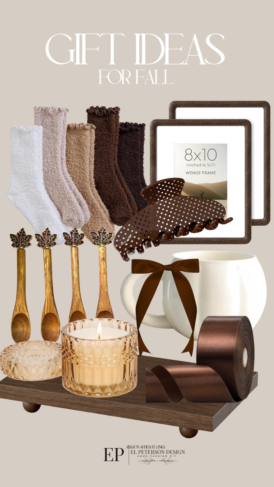 Amazon
Fall gift ideas
Mug
Coffee stir sticks
Candle 
Tray
Claw clip
Socks
Picture frames
