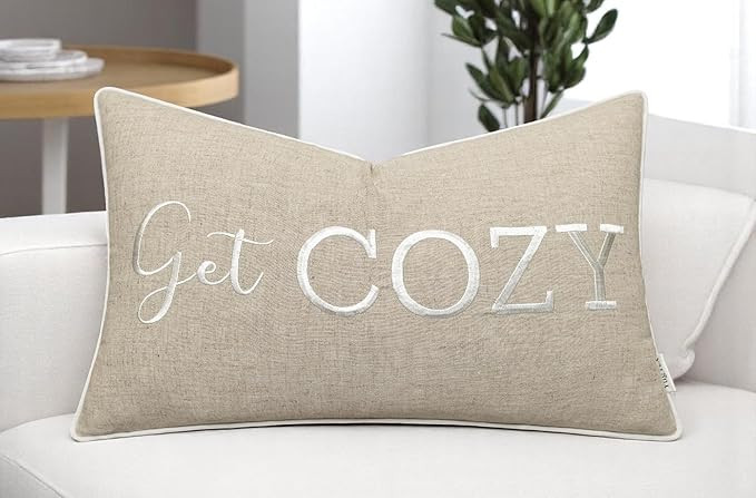 Get Cozy Quote Lumbar Pillow Cover 12x20 - Natural Linen Embroidered Accent | Amazon (US)