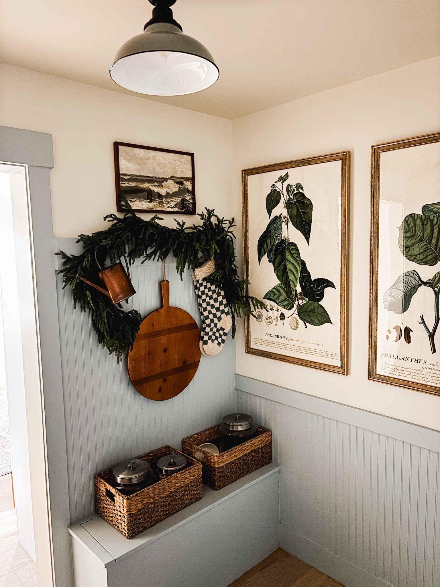 Mudroom sources - stockings, baskets, garland, ceiling light, art and frame, lidded jars, round braided rug 

#LTKSeasonal #LTKHome #LTKHoliday