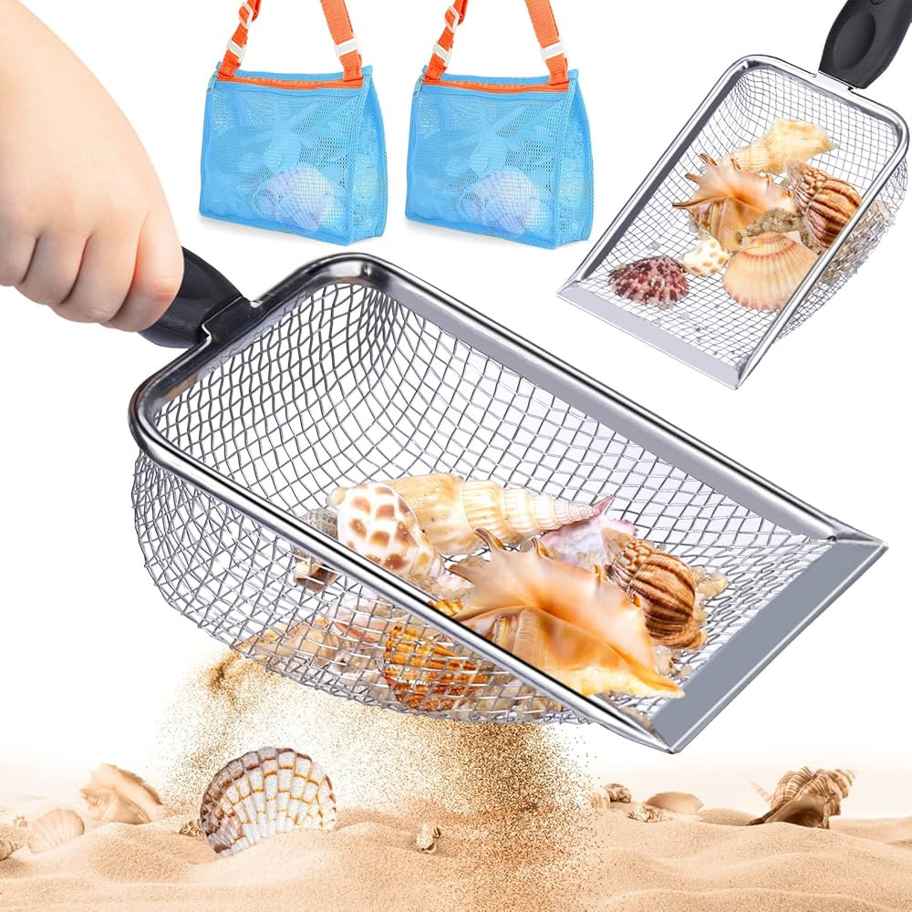 2 PCS Beach Mesh Shovel with 2 PCS Mesh Beach Bag for Filter Sand, Kids Shell Collecting Scooper ... | Amazon (US)
