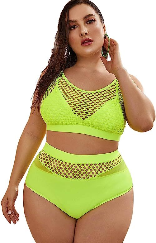 Floerns Women's Plus Size Bathing Suit Fishnet High Waist Bikini Set Rave Outfit | Amazon (US)