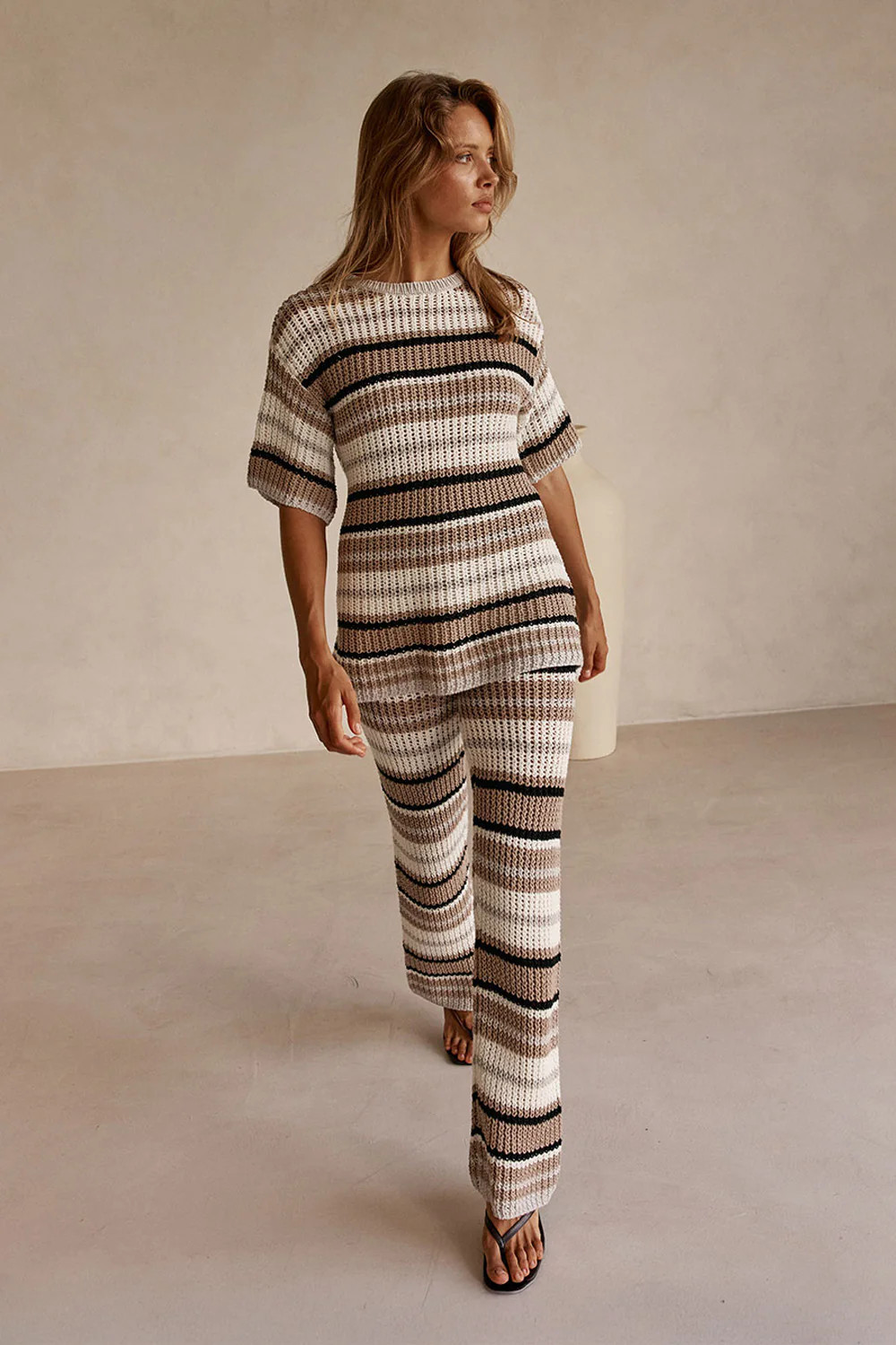 Tan and White Stripe Knit High Waist Java Pants | Sabo Skirt US