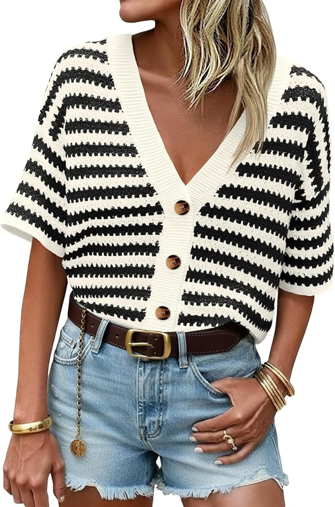 Saodimallsu Womens Short Sleeve Striped Cardigan Sweaters Crochet Knit Button Down Shirts V Neck ... | Amazon (US)