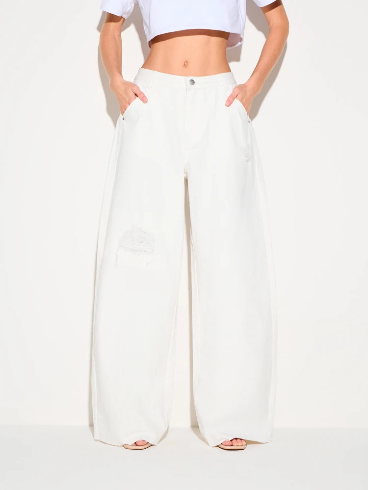 KIZN Women's High Rise Baggy Boyfriend Jeans White Relaxed Wide Leg Denim Pants Casual Streetwear | SHEIN