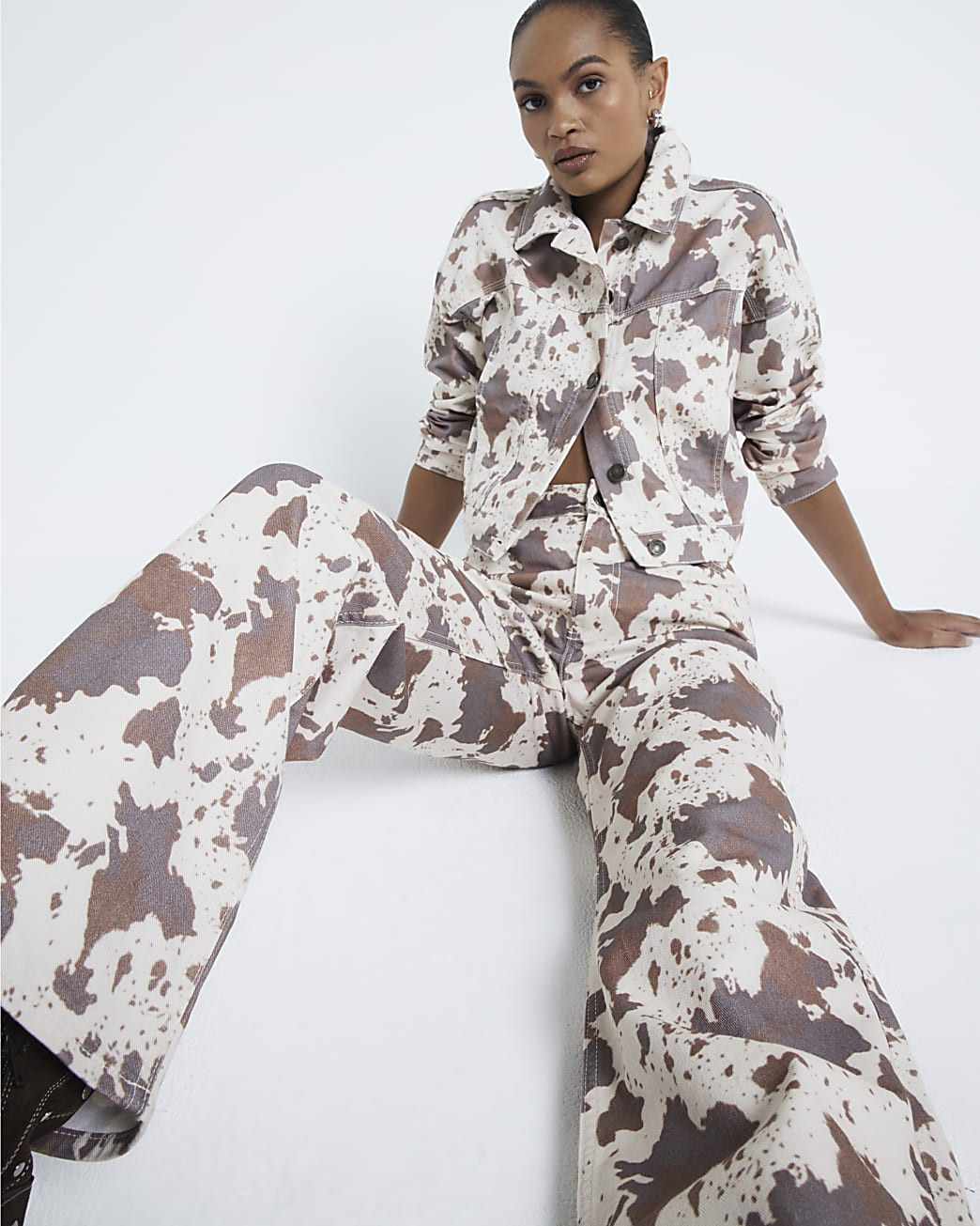 Brown Cow Print Relaxed Straight Jeans | River Island UK & IE