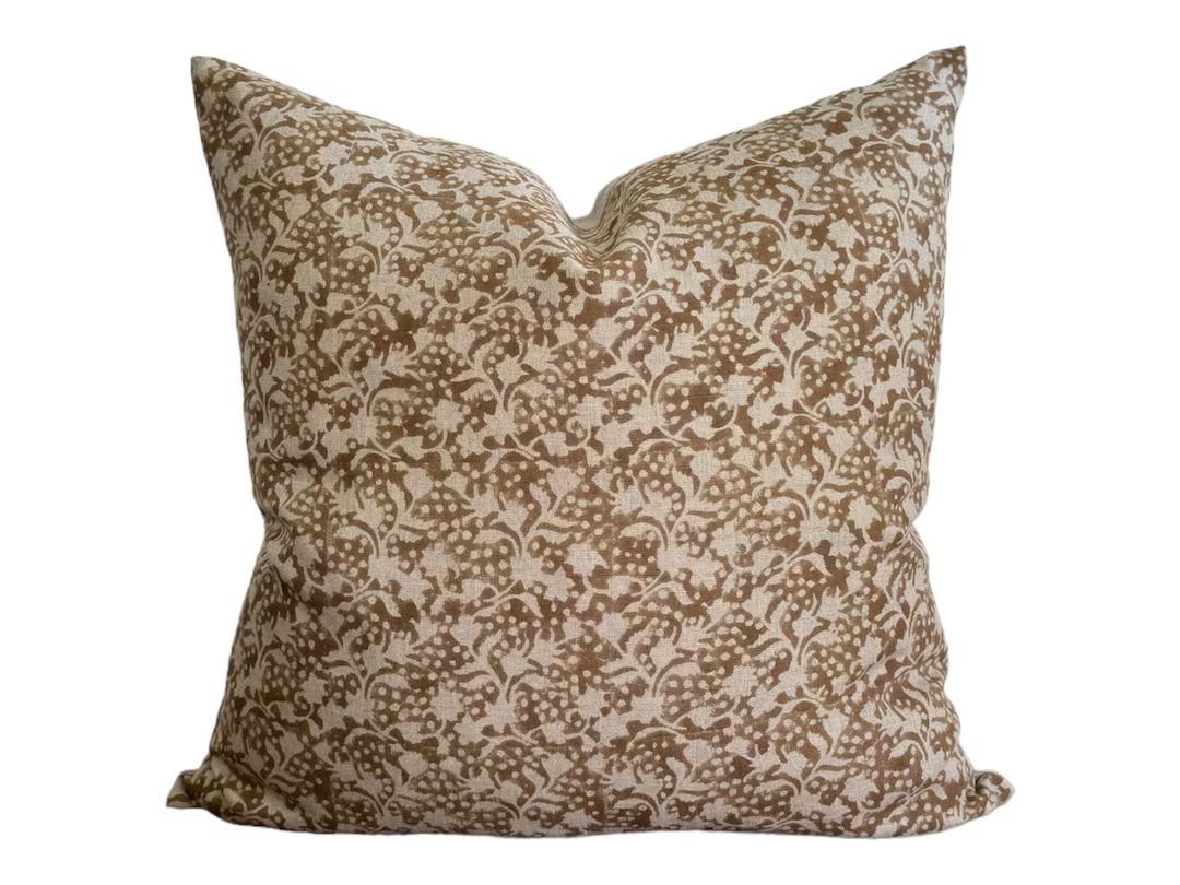 Designer corvallis Block Print Floral Pillow Cover // Natural Tan Brown Linen Pillow Cover // Bou... | Etsy (US)