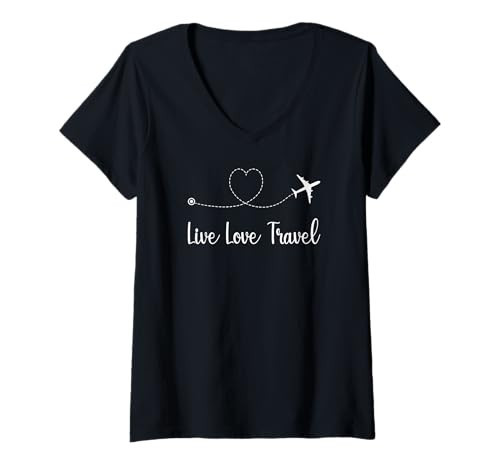 Womens Live Love Travel World Traveler Traveling Adventure Airplane V-Neck T-Shirt | Amazon (US)