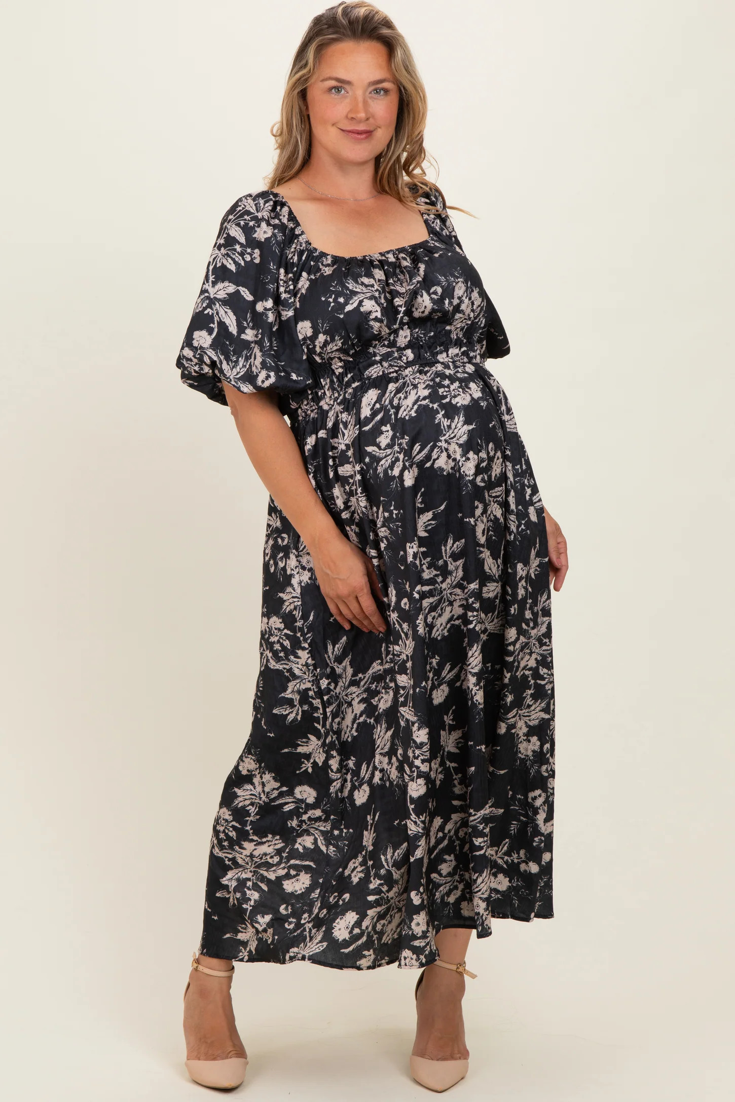 Black Floral Puff Sleeve Smocked Waist Maternity Plus Midi Dress | PinkBlush Maternity