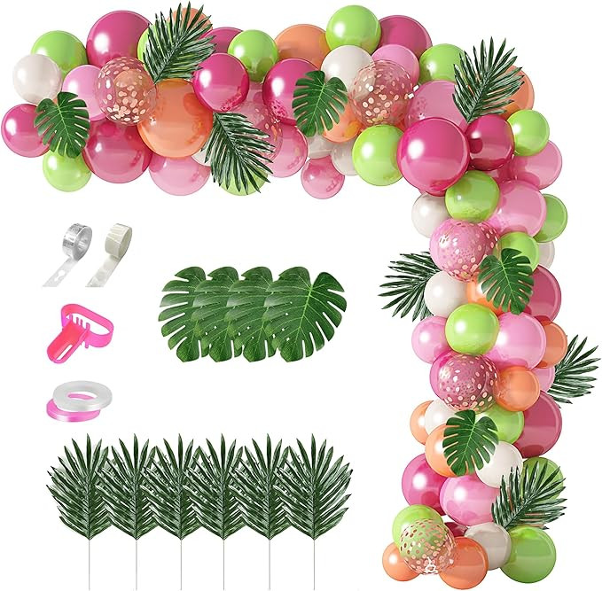 117Pcs Tropical Balloons Arch Garland Kit, Hot Pink Green Rose Gold Confetti Balloons Palm Leaves... | Amazon (US)