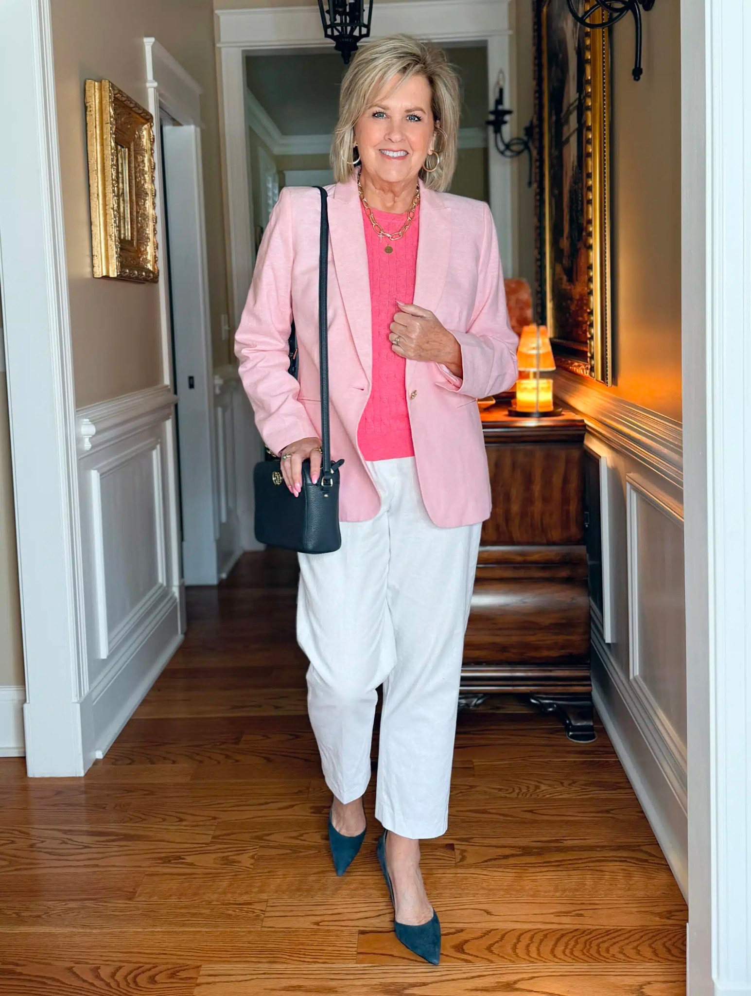 Cable knit sleeveless sweater size 12 | Pink blazer size large | white pants size 8 | navy pumps | business attire | office style 

#LTKOver40 #LTKStyleTip #LTKWorkwear