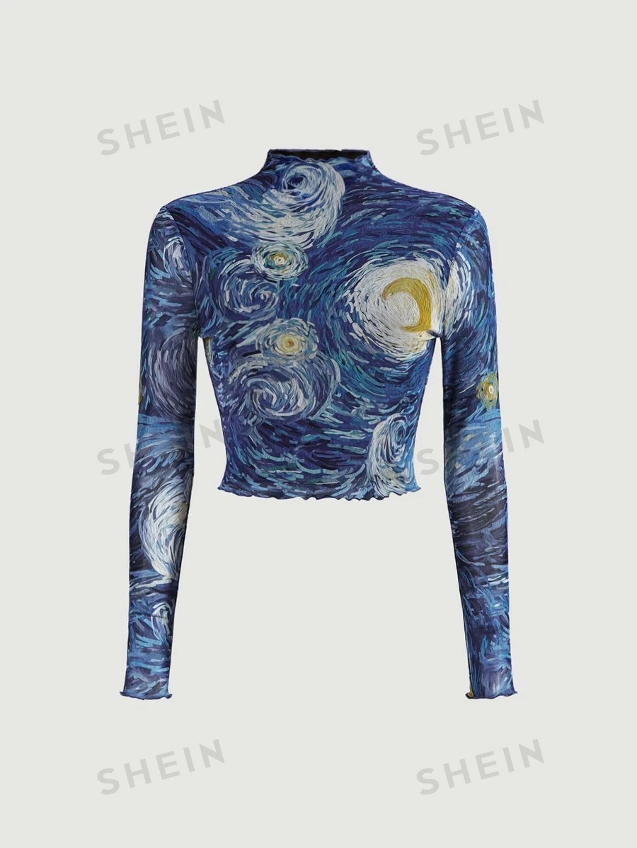 SHEIN MOD Mock Neck Marble Print Mesh Crop Blue Long Sleeve See-Through Starry Sky Top | SHEIN