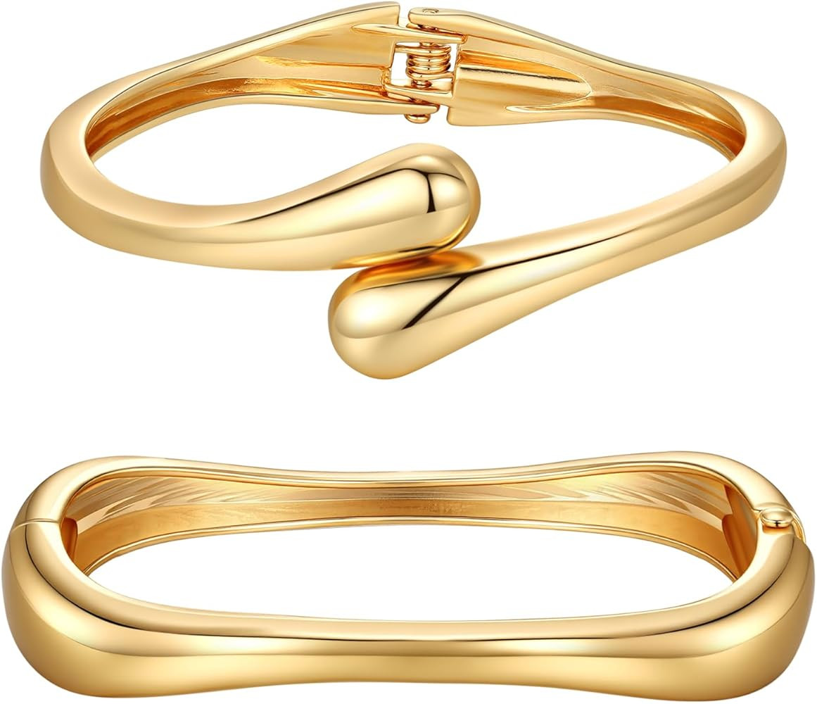 Chunky Gold Bangle Bracelets for Women Trendy 14K Gold Plated Cuff Bracelets Stack, Dainty Gold B... | Amazon (US)