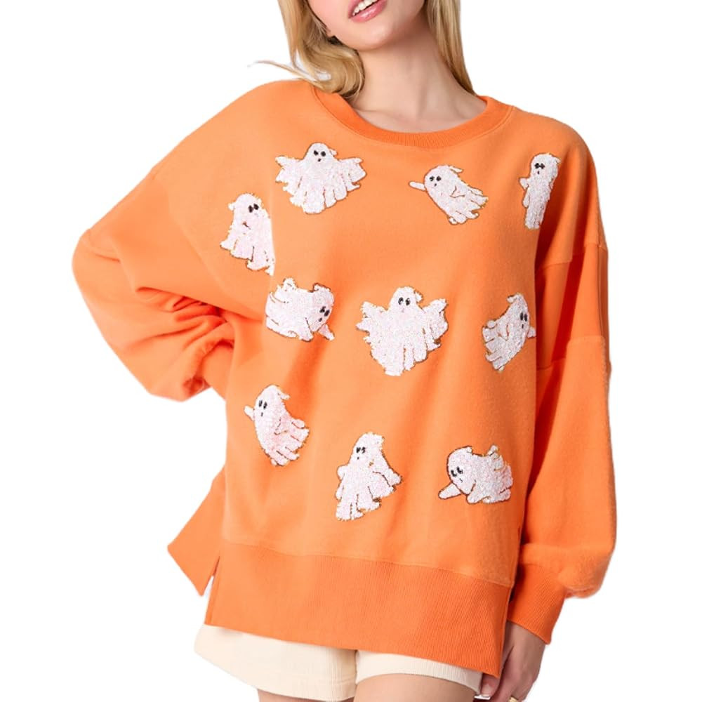 KOSUSANILL Sequin Halloween Sweatshirt for Women Sparkly Dancing Skeleton Spooky Season Ghost Cre... | Amazon (US)