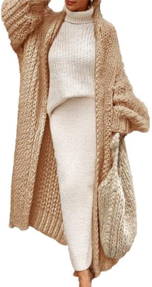 Maxi Crochet Cardigan Sweaters for Women Fall Open Front Long Sleeve Drop Shoulder Coatigan Chunk... | Amazon (US)