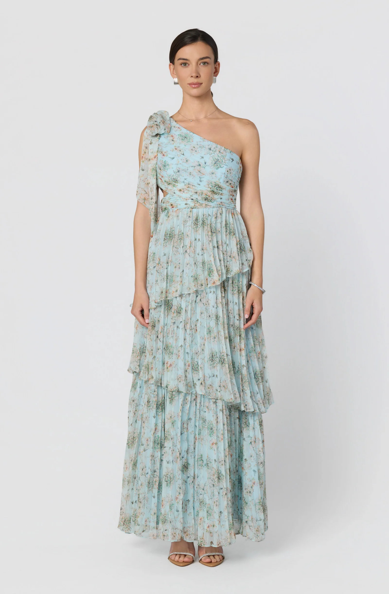 Tearra Floral One-Shoulder Tiered Maxi Dress - Light blue floral / XS | ASTR The Label (US)