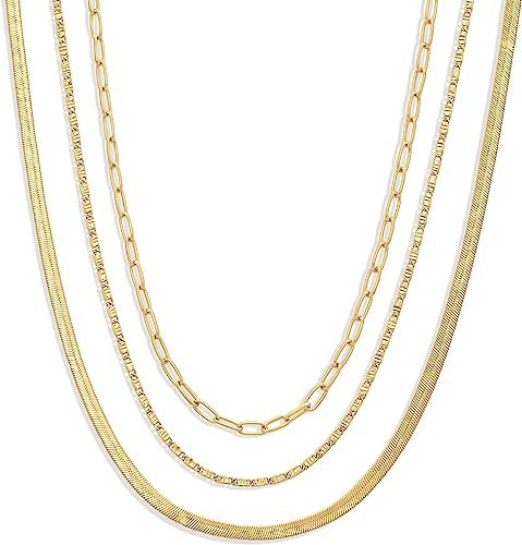 Amazon Essentials 14K Paperclip, Station and Herringbone Chain 3 Row Layered Necklace 16" 18" 20" | Amazon (US)